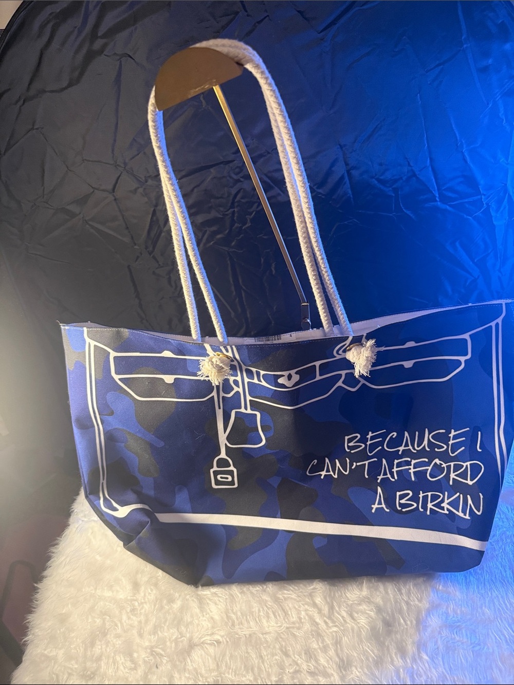 Source Unknown Blue Camo Tote with White Graphic Text